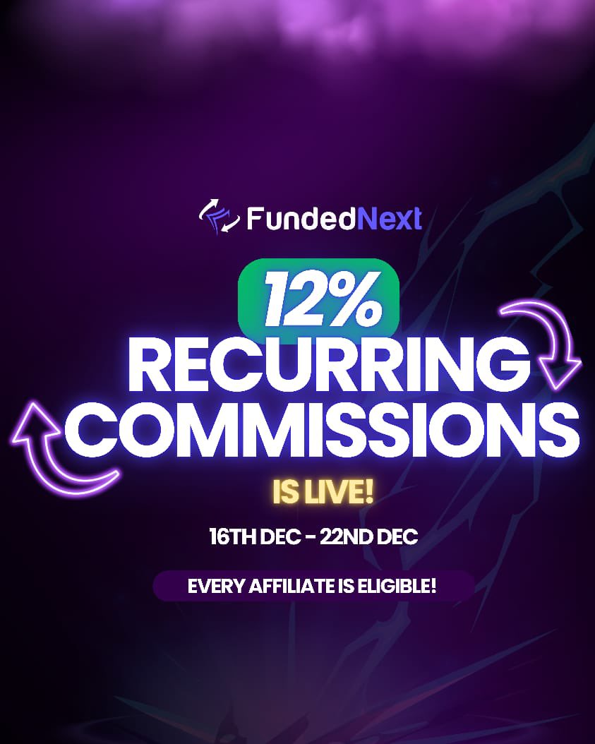 FundedNext's tweet image. Recurring Commission Week is LIVE 🔥

Enjoy 12% Commission for every sale. 

Duration: 16th Dec - 22th Dec

Share your affiliate link as much as you can and earn the highest commission of the year!!