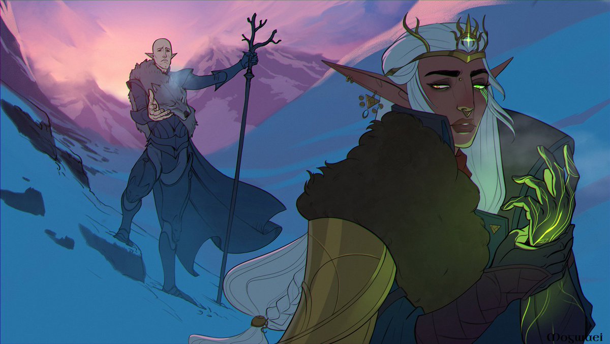 Mogwaei's tweet photo. the "Come with me" AU illustrated beautifully by Matt Rhodes. Tried to mimic his style with my Djin'zidei Lavellan!

#dragonage #solavellan https://t.co/kTQhROGGC9