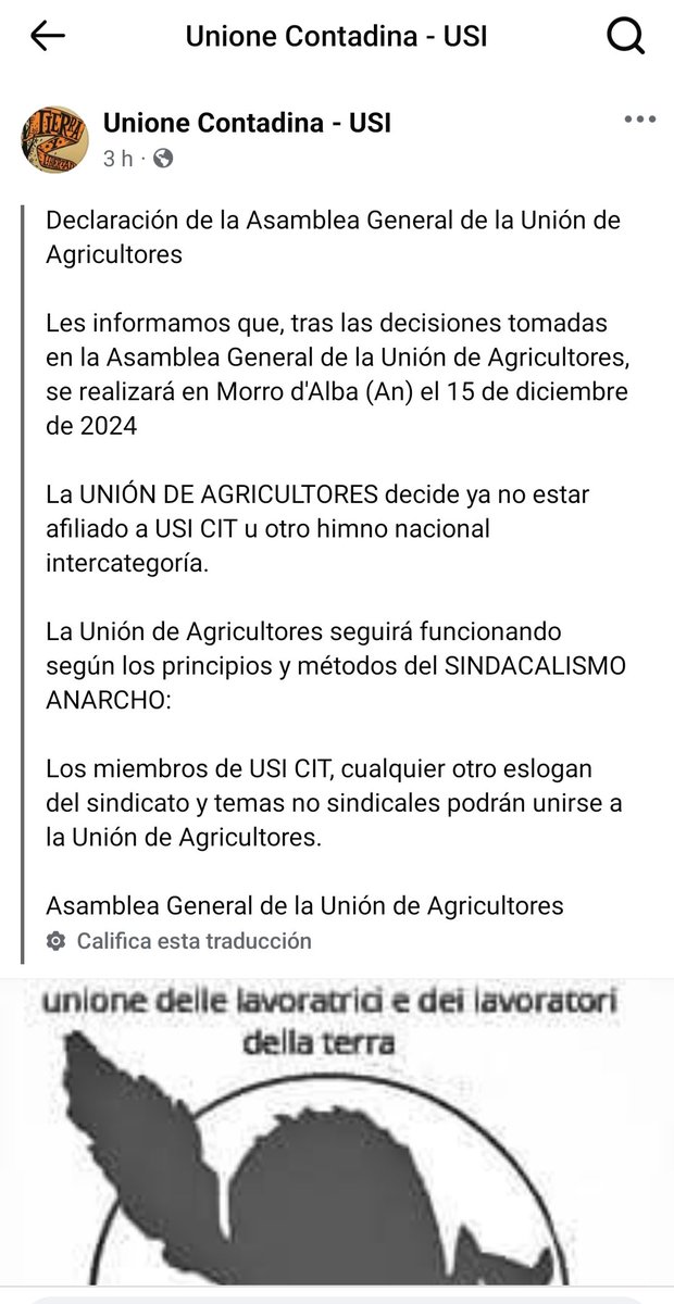 La Unione Contadina salio de la USI-CIT
Unione Contadina USI compartió la publicación del comunicado de los sindicatos que firmaron el comunicado en defensa de la CNT-AIT España.