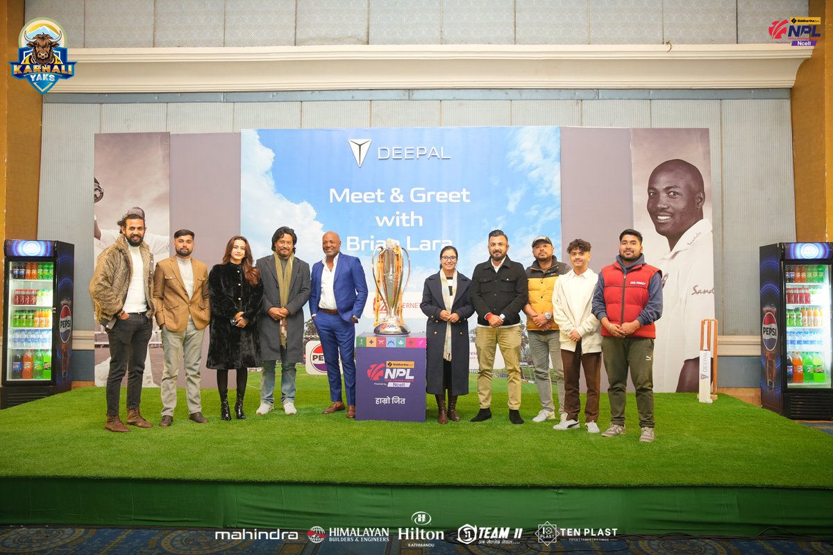 KarnaliYaks's tweet photo. An unforgettable moment for the Karnali Yaks family, meeting the legendary Prince Brian Charles Lara. A true inspiration to cricket fans worldwide! π·π·
#karnaliyaks #SBLNPL #NepalCricket #Mahindra #agnigroup #karnaliyakssquad #team11 #tenplast #HiltonKathmandu https://t.co/9s8dduXWwO