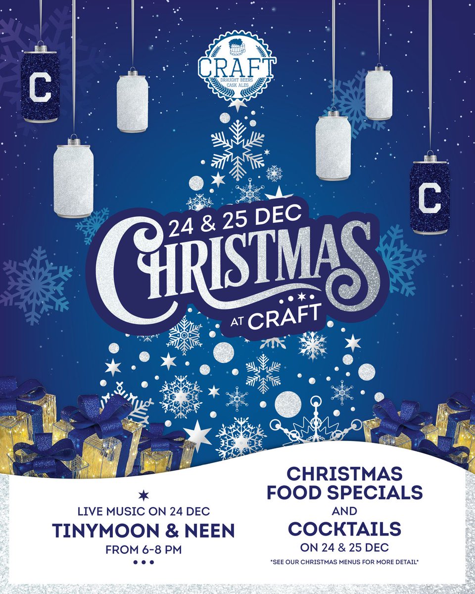 𝙲𝚎𝚕𝚎𝚋𝚛𝚊𝚝𝚎 𝙲𝚑𝚛𝚒𝚜𝚝𝚖𝚊𝚜 𝚊𝚝 𝙲𝚁𝙰𝙵𝚃 🎅
Grab your buddies and join us on 24 &amp; 25 December for festive fun, delicious food specials, and merry cocktails! 🍸

🎶 𝙻𝚒𝚟𝚎 𝚖𝚞𝚜𝚒𝚌 𝚋𝚢 𝚃𝚒𝚗𝚢𝚖𝚘𝚘𝚗 &amp; 𝙽𝚎𝚎𝚗 on Christmas Eve from 6–8 PM 
#ChristmasAtCRAFT