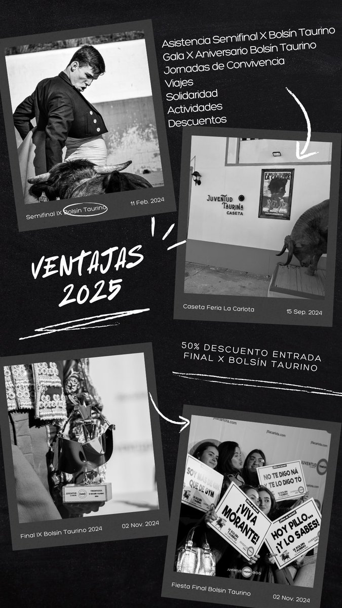 JT_LaCarlota's tweet photo. #JUNTOSOSMOSMASFUERTES
Desde hoy 16.12 y hasta el próximo 12 de Enero de 2025 estará abierta la campaña de renovación de socios y altas nuevas en la Juventud Taurina de La Carlota con un único objetivo: compartir, divulgar y enseñar a todo el mundo que el toreo es GRANDEZA. https://t.co/F9w5y5o7lp