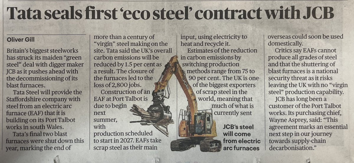 timrutter's tweet image. Pretty pleased to see the story of @TataSteelUK and @JCBmachines agreeing a deal for the provision of green steel, in @thetimes yesterday. Was also good to talk to the seniors involved last week here 👉🏻 youtu.be/owsrEo0BuBU?si…