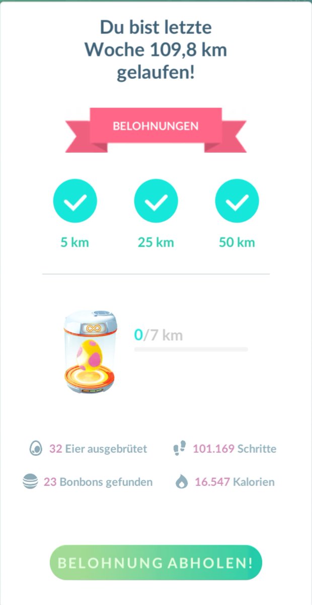 abenteuer-sync-belohnungen - du bist letzte woche 109,8 km gelaufen!
32 eier ausgebrütet | 101.169 schritte | 23 bonbons gefunden | 16.547 kalorien

#pokemongo