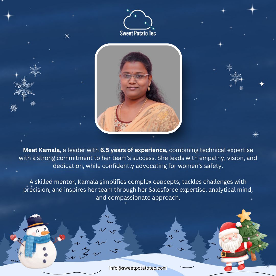 sweetpotatotec's tweet photo. Meet Kamala: A bold leader with 6.5+ years of Salesforce expertise, mentoring, inspiring, and driving impactful solutions with empathy and determination.
#LeadershipWithHeart #WomenInTech #TeamInspiration https://t.co/ygGyCvuaUI