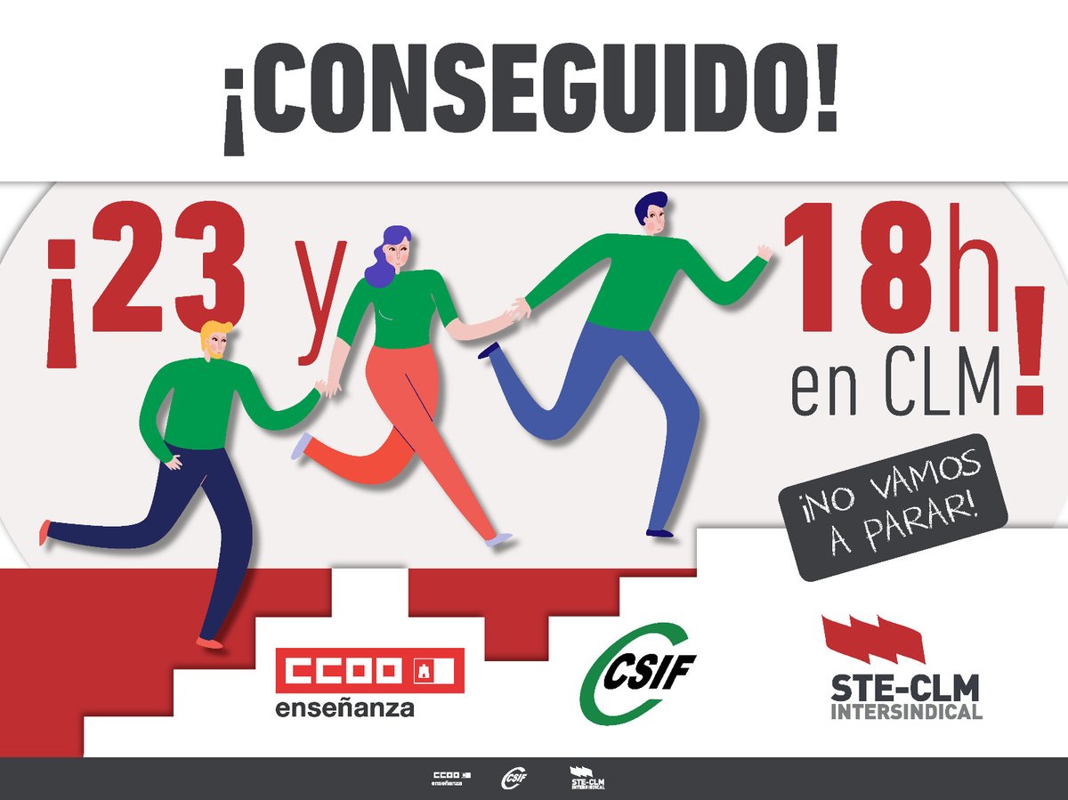 📢¡¡CONSEGUIDO!! 18H y 23H, una victoria de la presión sindical

🙋‍♀️CCOO, STE-CLM y CSIF 
Gracias a la presión ejercida está garantizada la aprobación de partida presupuestaria para la reducción de la carga lectiva hasta las 23 y 18 horas.

🔗 castillalamancha.fe.ccoo.es/noticia:713734

#CCOONosUne