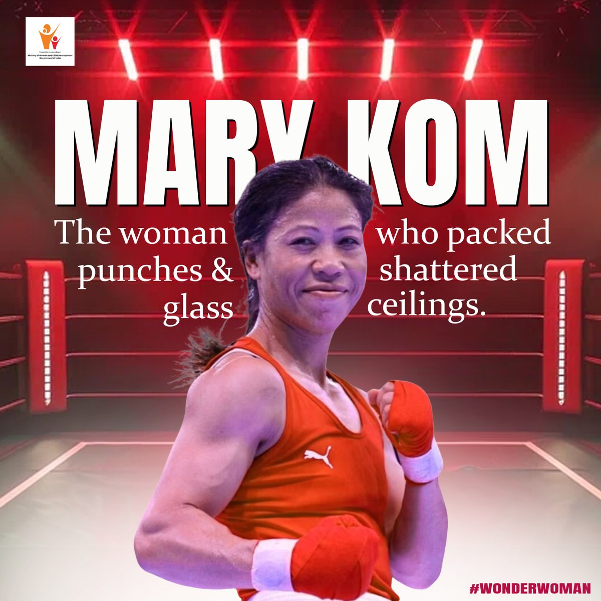 MinistryWCD's tweet image. Celebrating #WonderWomenofIndia!  

Mary Kom, the Magnificent Mary of #India, is a 6-time #WorldBoxingChampion, #Olympic medalist, and #PadmaVibhushan awardee. From humble beginnings to global glory, she inspires millions with her grit and determination.

@PIBWCD