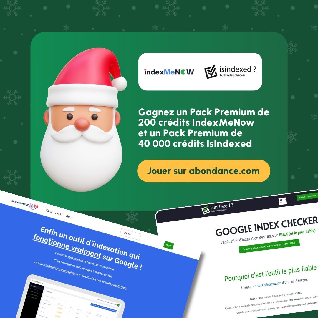 Abondance SEO (@abondance_com) on Twitter photo Jour 20 - Calendrier de l'Abondance 🎄
Gagnez 200 crédits <a href="/indexmenow/">indexMeNOW.com V4 : Bulk indexer Tool</a> / 40 000 crédits sur <a href="/isindexed/">isindexed ?</a> ! 🤩 Merci <a href="/Smadaleno/">Stéphane MADALENO</a> 🎅
Pour participer, on vous explique tout sur la case 20 📷abondance.com/calendrier-abo… Jour 20 - Calendrier de l'Abondance 🎄
Gagnez 200 crédits <a href="/indexmenow/">indexMeNOW.com V4 : Bulk indexer Tool</a> / 40 000 crédits sur <a href="/isindexed/">isindexed ?</a> ! 🤩 Merci <a href="/Smadaleno/">Stéphane MADALENO</a> 🎅
Pour participer, on vous explique tout sur la case 20 📷abondance.com/calendrier-abo…