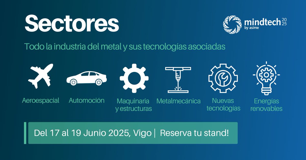 MindtechVigo's tweet photo. 🔄 #Mindtech25 es feria industrial referente del Polo Ibérico.

Empresas de #automoción, #aeronáutica, #ingeniería, #maquinaria, #metalmecánica, #tecnologías, #energíasrenovables y mucho +.
 🗓️ 17 al 19 de junio de 2025, Vigo 👉https://t.co/3SgWGx3Dj7

#Industria #Mindthefuture https://t.co/9oeYJXQmMs