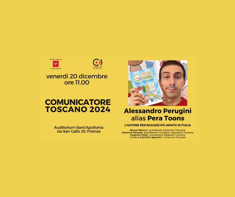 Corecom Toscana (@corecomtoscana) on Twitter photo Pera Toons è il “Comunicatore toscano dell’anno”: il Corecom ha scelto il popolare fumettista aretino campione di vendite con i suoi libri di battute e freddure disegnate. L'articolo su <a href="/qn_lanazione/">La Nazione</a> lanazione.it/cultura-e-spet… Pera Toons è il “Comunicatore toscano dell’anno”: il Corecom ha scelto il popolare fumettista aretino campione di vendite con i suoi libri di battute e freddure disegnate. L'articolo su <a href="/qn_lanazione/">La Nazione</a> lanazione.it/cultura-e-spet…