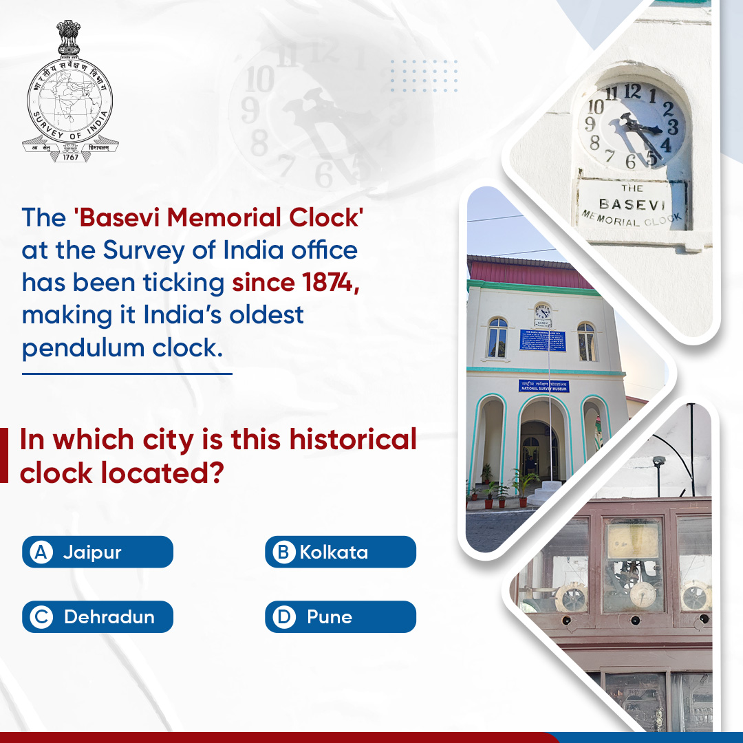 The 'Basevi Memorial Clock' at the Survey of India office stands as a remarkable piece of India's scientific history. Installed in 1874, this clock is the oldest operational pendulum clock in the country. It was dedicated to the memory of James Palladio Basevi, a distinguished