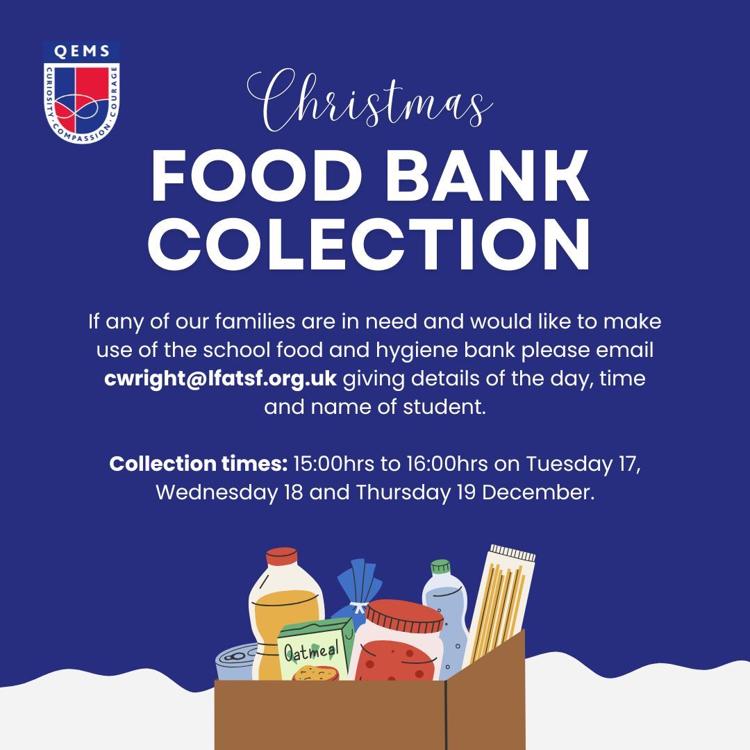 If any of our families are in need and would like to make use of the school food and hygiene bank please email cwright@lfatsf.org.uk as soon as possible giving details of the day and time you wish to collect and the name of the student.