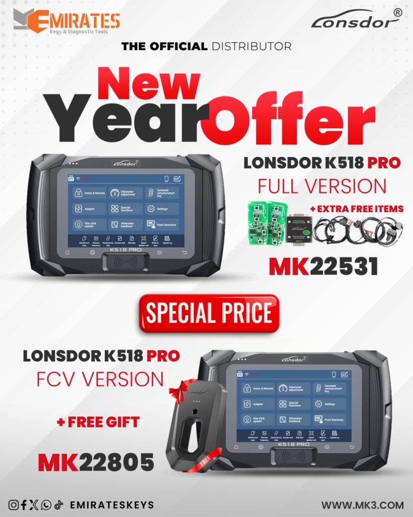 📷New year offer - Lonsdor K518 Pro + FCV 📷
📷 Free Lonsdor Bluetooth Smart Key Generator
. The first to support 8A(H chip) generation.
. Global Version, supports Indian, Malaysian etc brands.
. Added support for CANFD and DoIP protocols.
. Multi lang
mk3.com/lonsdor