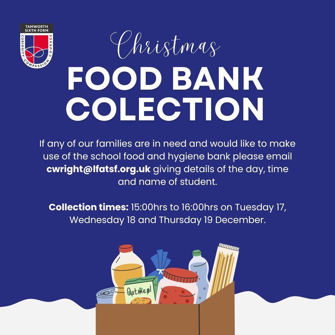If any of our families are in need and would like to make use of the school food and hygiene bank please email cwright@lfatsf.org.uk as soon as possible giving details of the day and time you wish to collect and the name of the student.