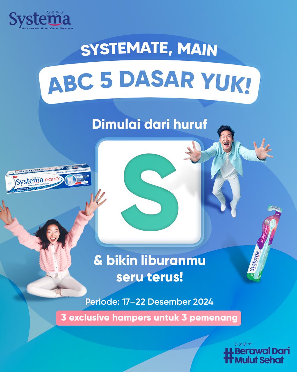 Clue tambahan: Bisa bikin senyum kamu makin lebar, dan rasa percaya diri jadi makin tinggi!

Yang bisa jawab bakal dipilih 3 pemenang paling cepet untuk bawa pulang special hampers dari kita, yuk buruan cuma dari 17-22 Desember 2024 aja Systemate!

#BerawalDariMulutSehat