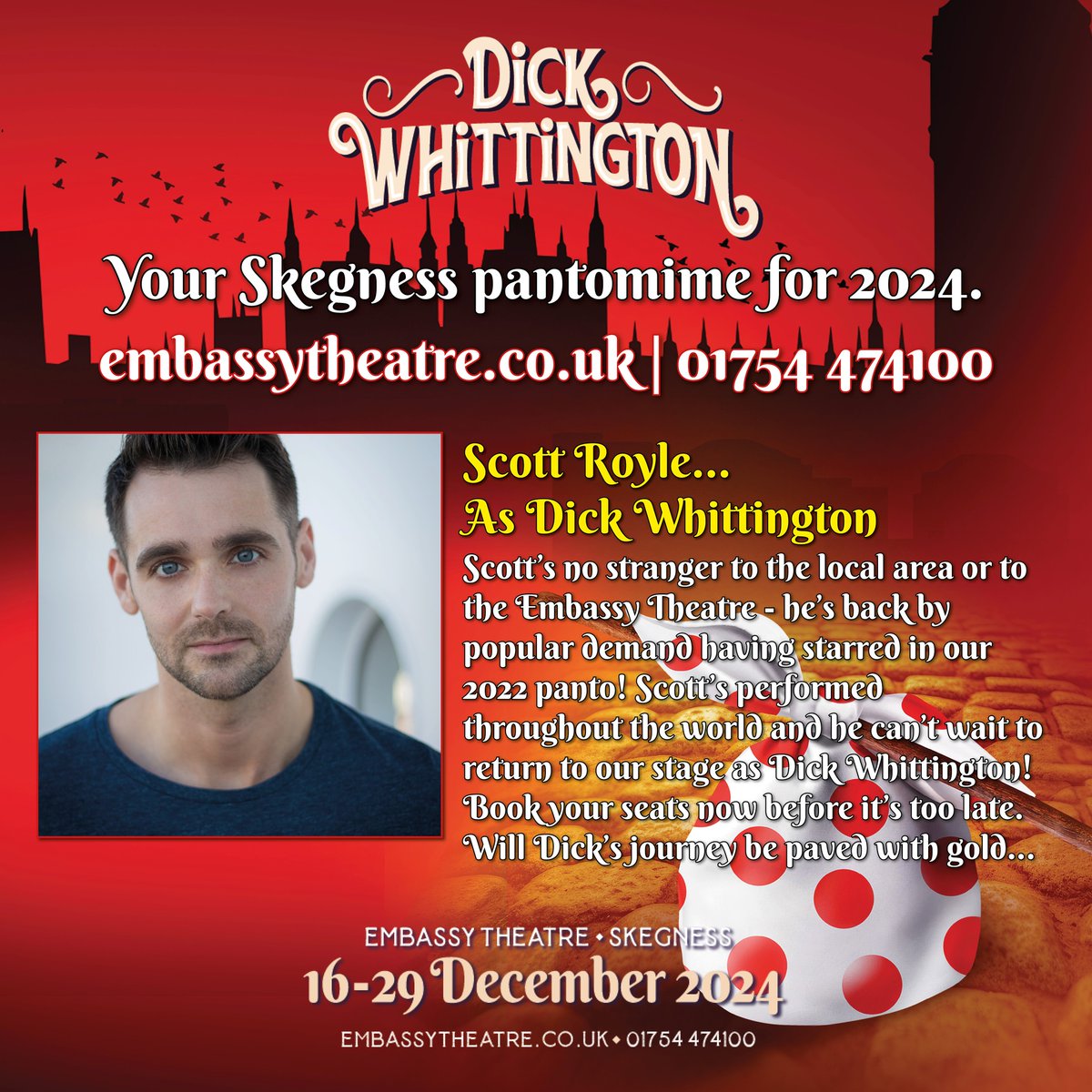 Scott Royle | Dick | Dick Whittington | Embassy Theatre, Skegness
Break a leg Scott!  We hope the stage is paved with gold for your opening performance of Dick Whittington today!
#Panto #HesBehindYou #ProudAgent