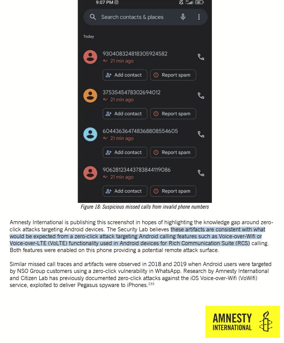 Have you been getting phone calls from long and seemingly random numbers like the ones below? Amnesty believes they could be signs of a zero-click attack targeting Android devices through Voice-over-Wifi or Voice-Over-LTE (VoLTE).