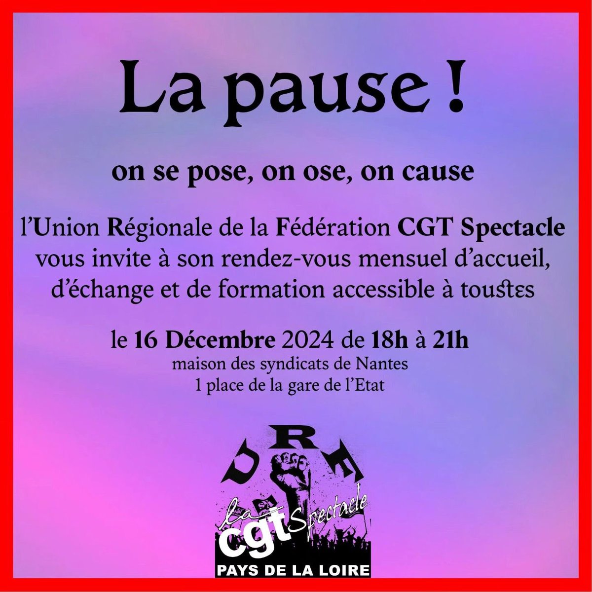 À NANTES
Ce soir 18h-21h 
(Et tous les 3eme lundi du mois)

Rdv ouvert à tou•tes, syndiqué•es et non-syndiqué•es.
Vous y retrouverez des adhérent•es du SPIAC CGT de la région. 

Pour se rencontrer, échanger et oser lutter pour améliorer nos conditions de travail !
