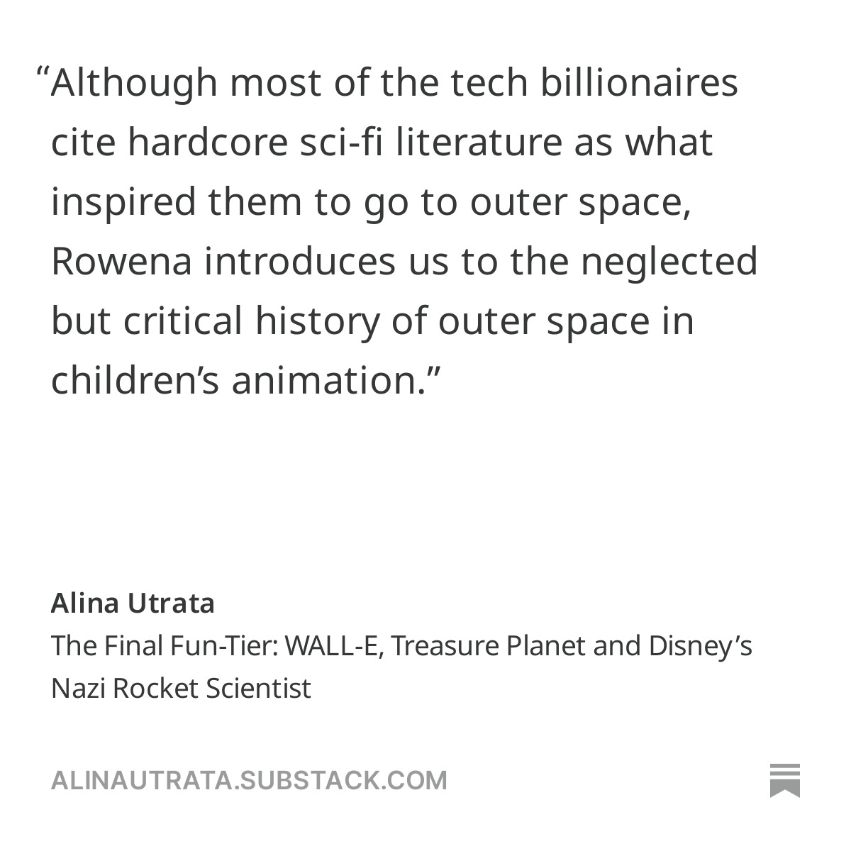 Our episode with @RowenaSquires is now available! If you're looking for tv recommendations, we discuss WALL-E, Treasure Planet, Lilo &amp; Stitch, and more... As well as how Disney's ex-Nazi rocket scientist sold space and Space Mountain 

Listen below!

open.substack.com/pub/alinautrat…