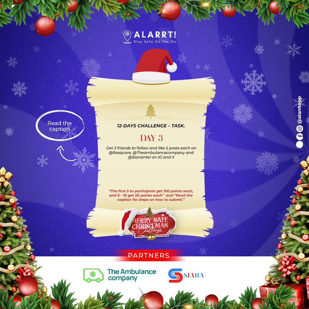 alarrtapp's tweet photo. Here comes the third task as we get closer to Christmas!

You've got this, so keep pushing!

Remember, amazing prizes are waiting for you at the finish line.😊

#Day3 #Alarrt #MerrySafeChristmas #SafeChristmasChallenge https://t.co/y1hhl4cvYT