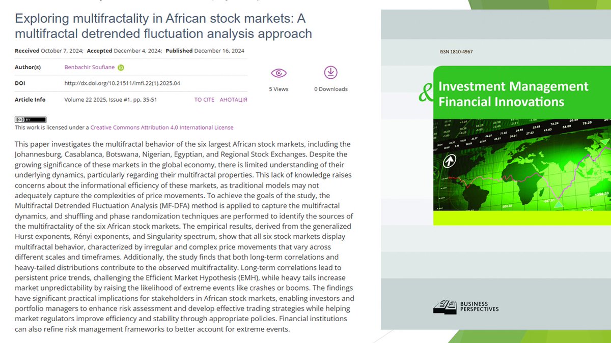 imfi_journal's tweet photo. 🔗 https://t.co/0hSwYW1dL1
📝 Exploring #multifractality in #African #stock markets: A multifractal detrended fluctuation #analysis #approach
👥Benbachir Soufiane https://t.co/vXcAZN3M0K