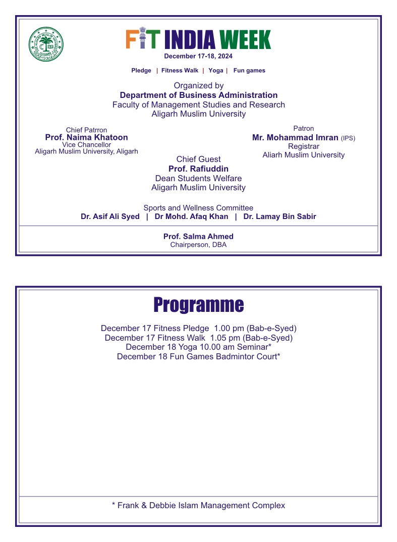 AMUofficialPRO's tweet photo. FIT INDIA WEEK Celebration at #AMU
@PIB_Edu @FitIndiaOff @IndiaSports @dpradhanbjp @PMOIndia @rashtrapatibhvn @PTI_News @ANI @mygovindia @Sports
#fitindia #fitness #fitindiaweek
๐Invitation & Details https://t.co/8VFTeQkAZP