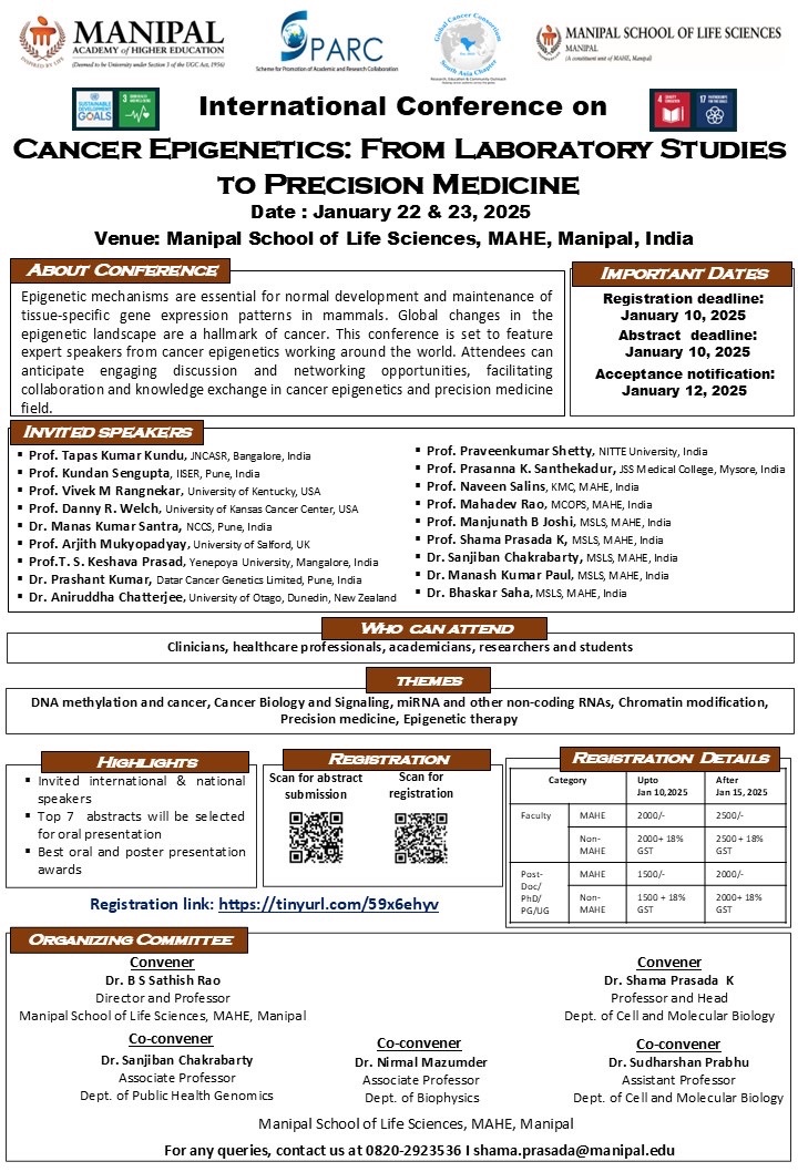 Dr Sachin Shetty (@sachins13156804) on Twitter photo 🔬 Join the International Conference on Cancer Epigenetics: From Laboratory Studies to Precision Medicine
📅 When: Jan 22-23, 2025
📍 Where: Manipal School of Life Sciences, MAHE
🗓 Early Bird Deadline: Jan 10, 2025
🔗 Register here: tinyurl.com/59x6ehgv
<a href="/KabekkoduShama/">Shama Prasada Kabekkodu</a> 🔬 Join the International Conference on Cancer Epigenetics: From Laboratory Studies to Precision Medicine
📅 When: Jan 22-23, 2025
📍 Where: Manipal School of Life Sciences, MAHE
🗓 Early Bird Deadline: Jan 10, 2025
🔗 Register here: tinyurl.com/59x6ehgv
<a href="/KabekkoduShama/">Shama Prasada Kabekkodu</a>