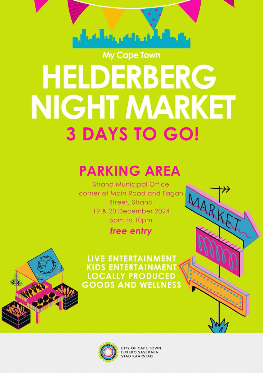 CityofCT's tweet photo. 3 Days to go!
Join us at the My Cape Town Helderberg Night Market 🎪🛍️ 
It’s set to be a bustling hub of entertainment, food, and artisan treasures for all.

📍 Parking: Strand Municipal Office, Cnr of Main Road and Fagan Street
🗓️ 19 - 20 December 2024
🕔 17:00 - 22:00

#CTEvent https://t.co/S7nbAf1Qz3
