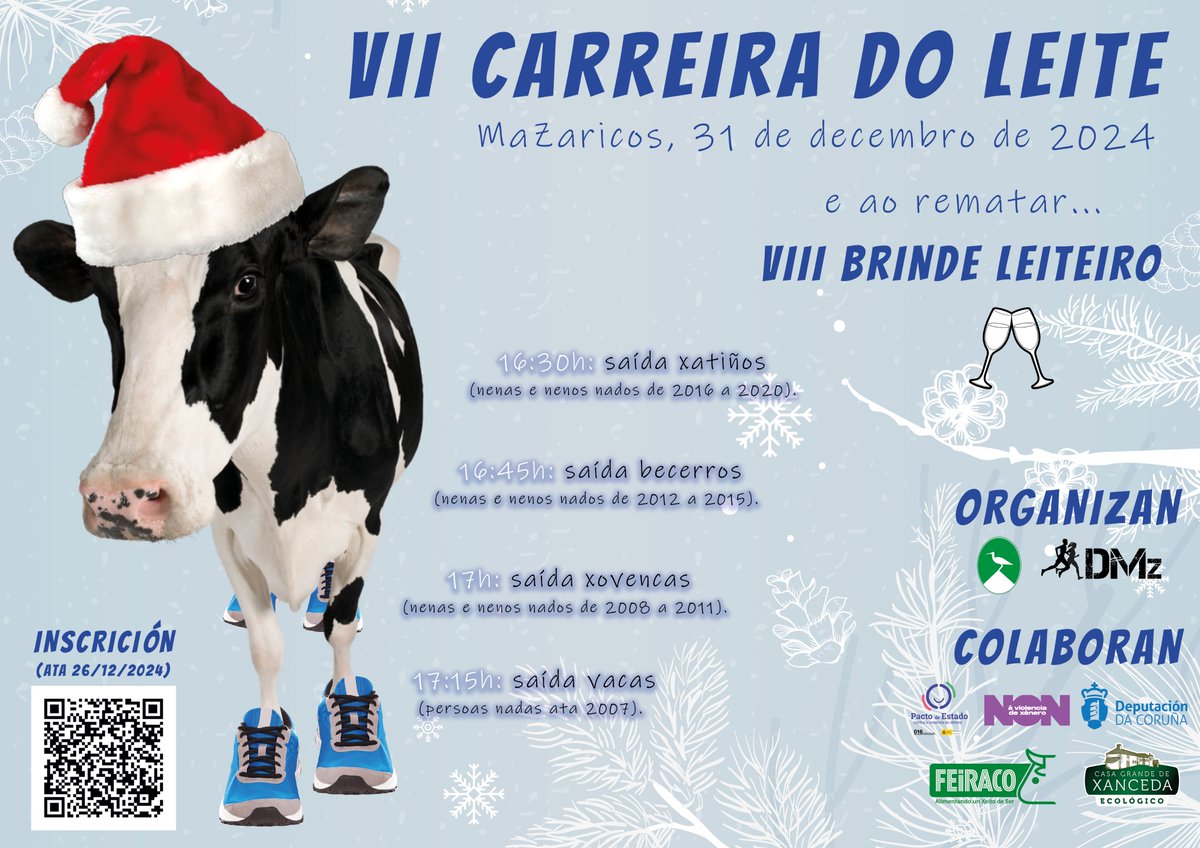 Lembra que podes inscribirte na VII Carreira do Leite de Mazaricos e vir despedir o ano presumindo do noso.
📣🕟 Moi importante: o horario da carreira móvese á tarde. Será desde as 16:30h, co Brinde Leiteiro a partir das 18h.
✍️ Inscricións: forms.gle/WaScxrB3MaBTGs…
#deporteMZ