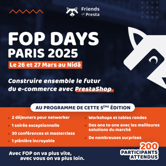 📢 FOP Days 2025 à Paris🗼

L’événement incontournable des professionnels du e-commerce et des acteurs de l'écosystème <a href="/PrestaShop/">PrestaShop</a>  est annoncé ! . 🚀 

🗓️RDV 26 et 27 Mars 2025, au Nida 
Tickets earlybird déjà disponibles ! 

➡️shop.friendsofpresta.org/14-pass-fop-da…

<a href="/friendsofpresta/">friendsofpresta</a>