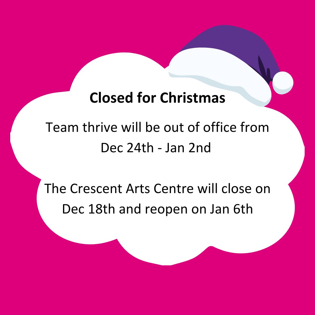 It's that time of year again! 🎄

Tomorrow is our last day in the office in the <a href="/CrescentArts/">Crescent Arts Centre</a>. Some of the team will still be online right up until Christmas Eve. We'll be back in early January, and back at our desks in the Crescent on January 6th. 

Have a lovely break!