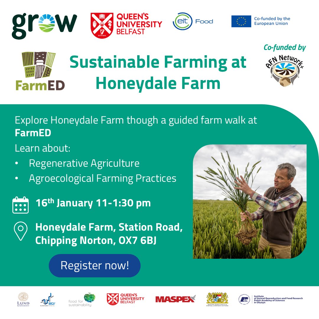 SMcLaughlinQUB's tweet image. 🌱 Join us for a Grow workshop on #sustainablefarming 
Learn how #regenerative #agriculture, #biodiversity  &amp;amp; #soil heath can transform #farming.

📅 16 Jan 2025, 11-1:30pm
📍 FarmED, Honeydale Farm
🎟️ FREE: eventbrite.co.uk/e/grow-sustain… 
Let’s secure a resilient future for farming! 🌍