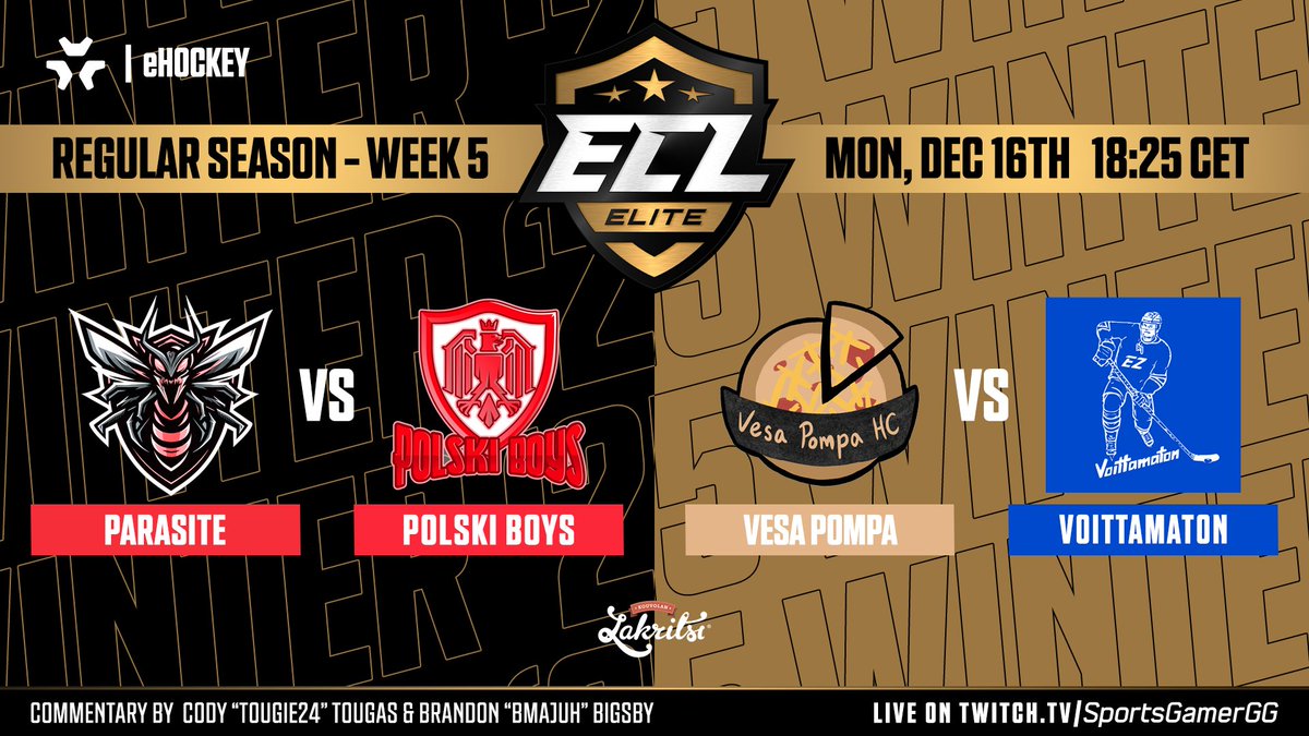 SportsGamer (@sportsgamergg) on Twitter photo 🔥 It’s time for the final week of the #ECL25Winter Elite Regular Season!
⏰ 18:25 CET
📺 Watch LIVE twitch.tv/SportsGamerGG
Tonight’s Matchups:
🐝 <a href="/ParasiteNHL/">Parasite</a> vs <a href="/Polski_Boys/">Polski Boys</a> ❤️
🍕 <a href="/VesaPompa/">Vesa Pompa</a> vs @VoittamatonNHL 💙
🎙️ <a href="/Tougie24/">Tougie24</a> & <a href="/bMaJuH/">MaJuH 🎥</a>
#eHockey #NHL25 #KouvolanLakritsi 🔥 It’s time for the final week of the #ECL25Winter Elite Regular Season!
⏰ 18:25 CET
📺 Watch LIVE twitch.tv/SportsGamerGG
Tonight’s Matchups:
🐝 <a href="/ParasiteNHL/">Parasite</a> vs <a href="/Polski_Boys/">Polski Boys</a> ❤️
🍕 <a href="/VesaPompa/">Vesa Pompa</a> vs @VoittamatonNHL 💙
🎙️ <a href="/Tougie24/">Tougie24</a> & <a href="/bMaJuH/">MaJuH 🎥</a>
#eHockey #NHL25 #KouvolanLakritsi