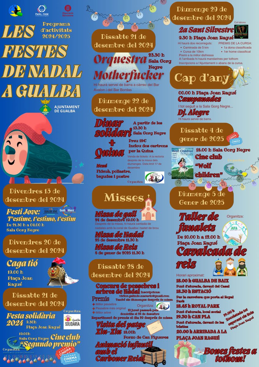 🎁Arriben les festes més màgiques de l'any.
Us presentem totes les activitats proposades des de l'Ajuntament i les diverses entitats de Gualba,per a que petits i grans gaudim d'aquests dies plens de llum! 
Aprofitem també per desitjar a tothom unes Festes de Nadal plenes de màgia
