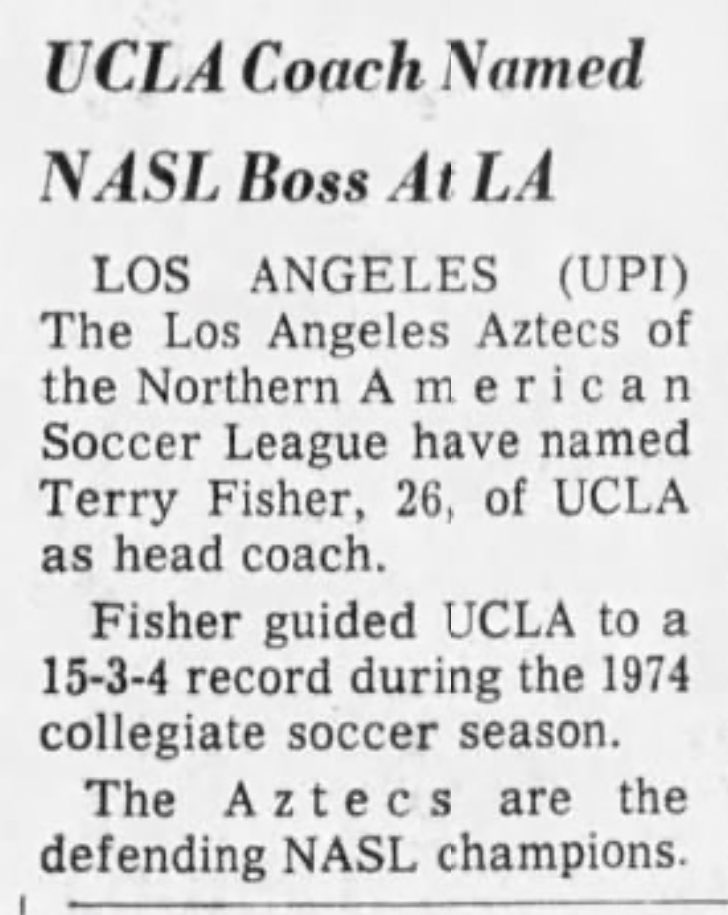 50 years ago today, defending NASL champion Los Angeles Aztecs hire the 2d American-born head coach in league history 

(Al Miller (Philadelphia Atoms) in 1973 was first)

There would be a third (Dan Wood) in 1978

And…that was it