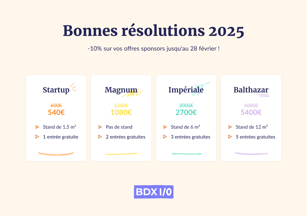 bdxio's tweet photo. 🎉 2025 commence avec de bonnes résolutions ! 🎉
Offrez-vous une visibilité tech en 2025 avec notre offre : -10% pour toute convention de sponsoring signée avant le 28/02/2025.
🚀 Prêts à marquer la 10e édition de BDX I/O ?
📩 Contactez-nous : partenariats@bdxio.fr

#BDXIO2025 https://t.co/d3mZ7xoqaU