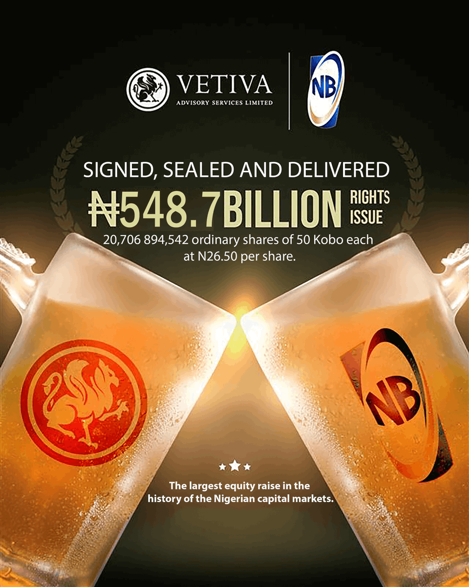 vetivaonline's tweet photo. Vetiva Advisory Services Limited is proud to announce the successful completion of Nigerian Breweries Plc's Rights Issue, raising approximately ₦549 billion. This remarkable achievement represents a significant milestone for both Nigerian Breweries and the Nigerian capital markets.
 
We express our sincere gratitude to @NBPLC  for their trust in Vetiva as the Lead Issuing House and to the other professional parties in the successful execution of this historic Rights Issue.
 
#Vetiva #NigerianBreweries #Rightsissue