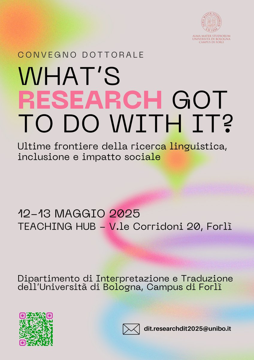 Abstracts deadline: Jan 31, 2025
Submissions  open

Organizzato dalle dottorande del DIT di UNIBO, il convegno  si propone di esplorare le connessioni tra le nuove frontiere della ricerca linguistica e la società contemporanea

#inclusione #plurilinguismo #openscience #research