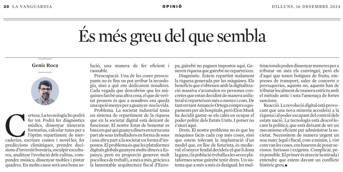 genís roca (@genisroca) on Twitter photo És més greu del que sembla.
La tecnologia està descol·locant la política, que està deixant de ser un mecanisme eficient per administrar la societat.
La meva peça d'avui a <a href="/LaVanguardia/">La Vanguardia</a>:
lavanguardia.com/encatala/20241… És més greu del que sembla.
La tecnologia està descol·locant la política, que està deixant de ser un mecanisme eficient per administrar la societat.
La meva peça d'avui a <a href="/LaVanguardia/">La Vanguardia</a>:
lavanguardia.com/encatala/20241…