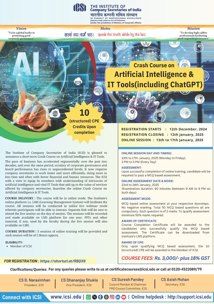 icsi_cs's tweet photo. Registration opens for #ICSICrashCourse on #ArtificialIntelligence &amp; #ITTools, Non Banking Financial Companies, A to Z
of #InitialPublicOffer and Lending Transactions &amp; Opportunities for #CS in Banking. Register @ https://t.co/lNHfAgPiEv #AI #IT #NBFC #IPO https://t.co/YElC5RNw6c