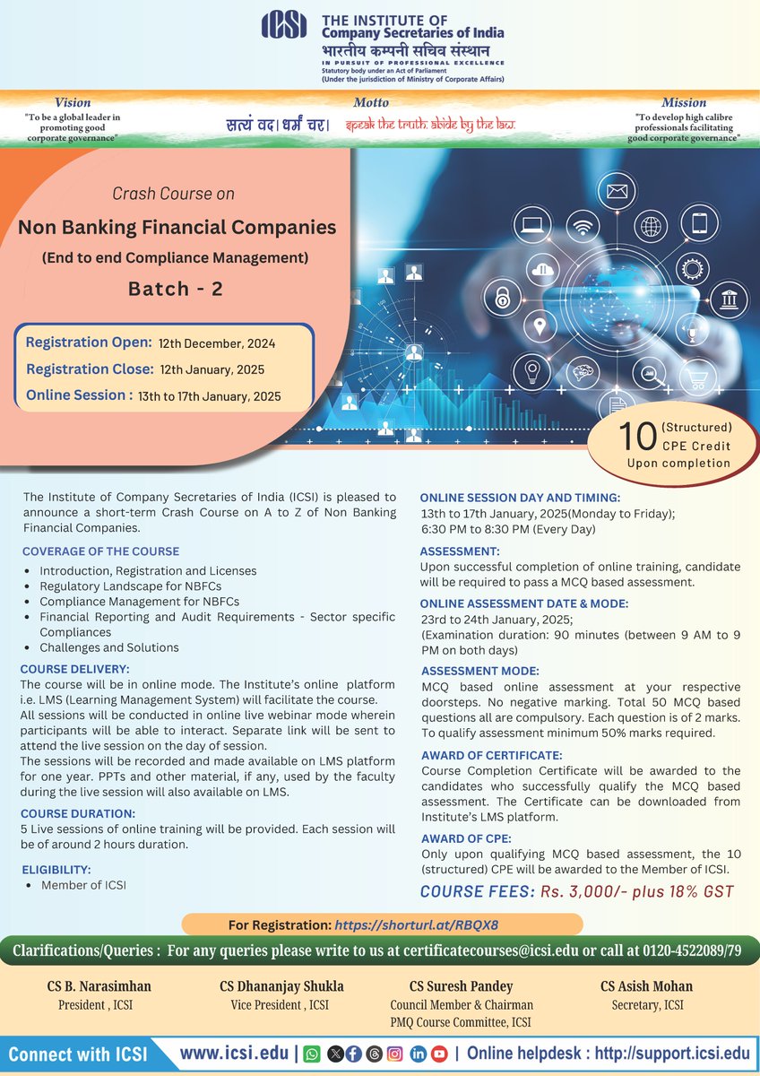 icsi_cs's tweet photo. Registration opens for #ICSICrashCourse on #ArtificialIntelligence &amp; #ITTools, Non Banking Financial Companies, A to Z
of #InitialPublicOffer and Lending Transactions &amp; Opportunities for #CS in Banking. Register @ https://t.co/lNHfAgPiEv #AI #IT #NBFC #IPO https://t.co/YElC5RNw6c