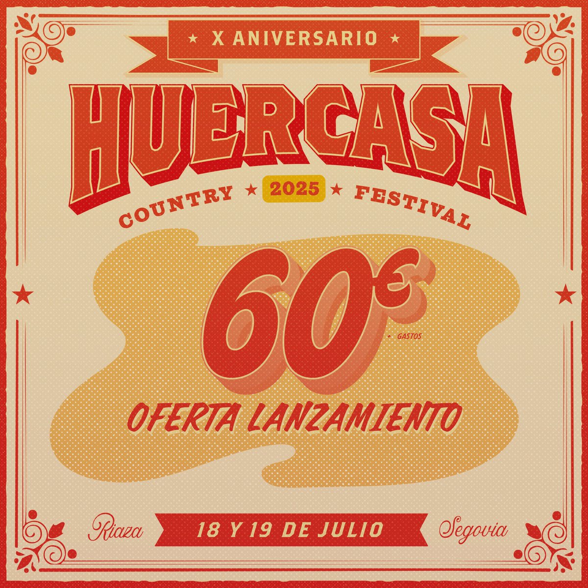 HuercasaCountry's tweet photo. 💥 ¡EL HCF CUMPLE 10 AÑOS! 💥

🎶 Celebra con nosotros la décima edición del Huercasa Country Festival el 18 y 19 de julio en Riaza, Segovia. Dos días y medio de pura música y bailes country.

🎟️ ¡Abonos ciegos ya disponibles a 60€ en Wegow!

#10YearsOfCountry #HCF2025 https://t.co/AXXToKsRvL