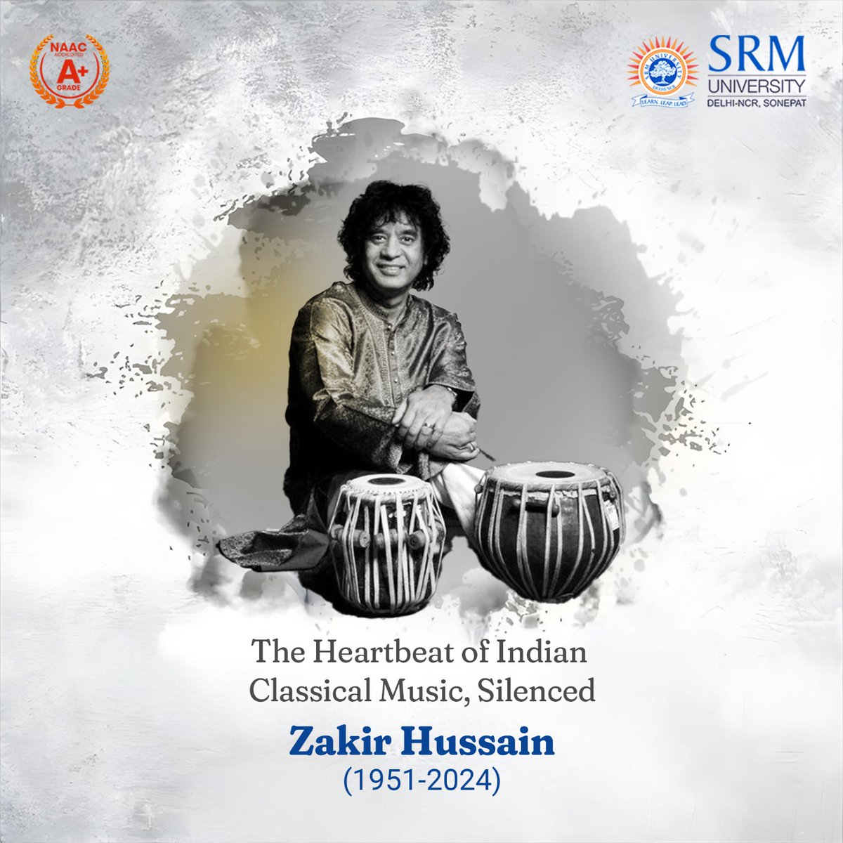 SRMH_University's tweet photo. SRM University Delhi-NCR, Sonepat, mourns the loss of Ustad Zakir Hussain, the legendary tabla virtuoso. His timeless rhythm and artistry will inspire generations to come.

Rest in rhythm, Ustad.

#SRMUH #UstadZakirHussain #LegendLivesOn #RhythmOfIndia #TimelessMusic https://t.co/Y6MiEnP1PW