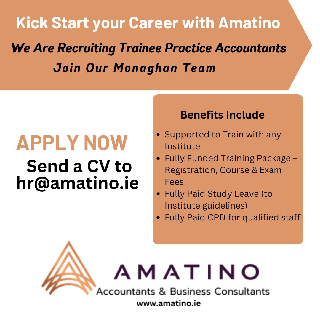 amatinopartner's tweet image. 🚀 Ready to kickstart your accounting career? We're hiring Trainee Accountants for our Monaghan office! Fully funded training, paid study leave, and award-winning mentorship await you. Apply today! 📧 hr@amatino.ie 🌐 amatino.ie
#TraineeAccountant #JoinOurTeam