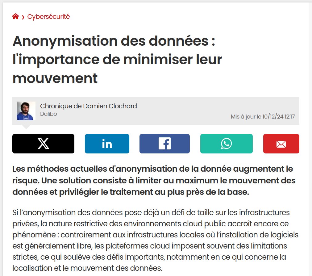dalibo's tweet photo. Le choix de la méthode d'#anonymisation des données est crucial, surtout quand celles-ci sont hébergées dans le #cloud.
Damien, créateur de #PostgreSQL Anonymizer, vous donne son avis dans le Journal du Net => https://t.co/qBVP4KtfYM
#SGBD #DBA #opensource
#RGPD #cybersécurité https://t.co/fdGgV986qJ