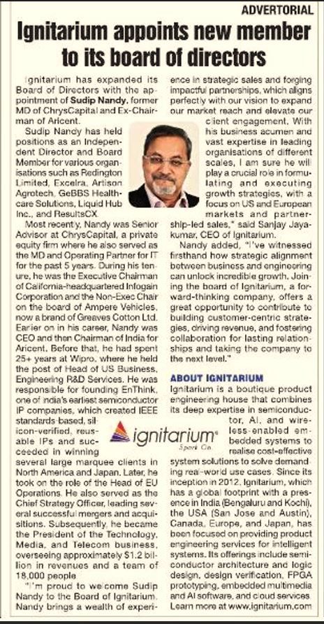 ignitarium's tweet image. We have added a new face to our Board of Directors! We're excited to have you join us, Sudip Nandy. 
Today's post in The Economic Times - a great start to the week! 
#BoardOfDirectors #CompanyGrowth #sparkon #TeamExpansion #ExecutiveLeadership