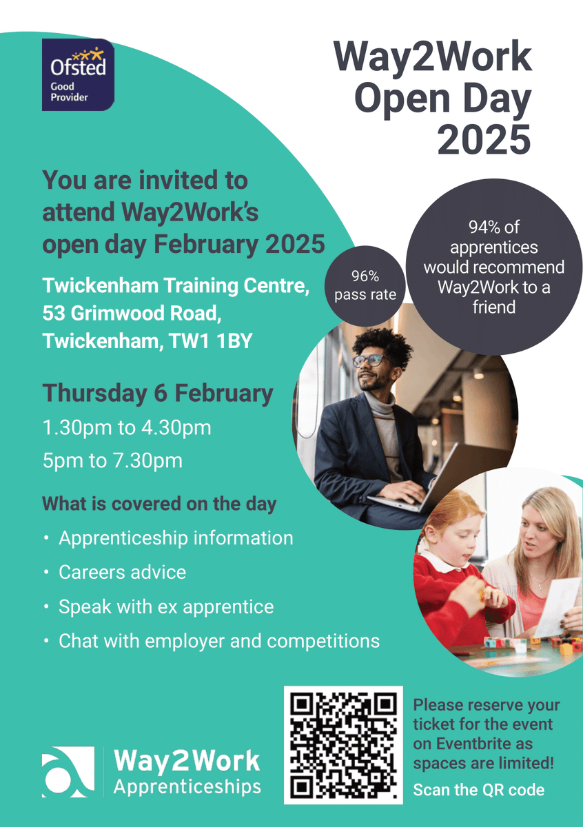 Join us at Way2Work's apprenticeship open day! This will be taking place at Twickenham Training Centre on Thursday 6th February 2025.
Just scan the QR code to book or follow this link!
eventbrite.com/o/way2work-738…
#way2work #apprenticeships #twickenham #openday #earnwhileyoulearn