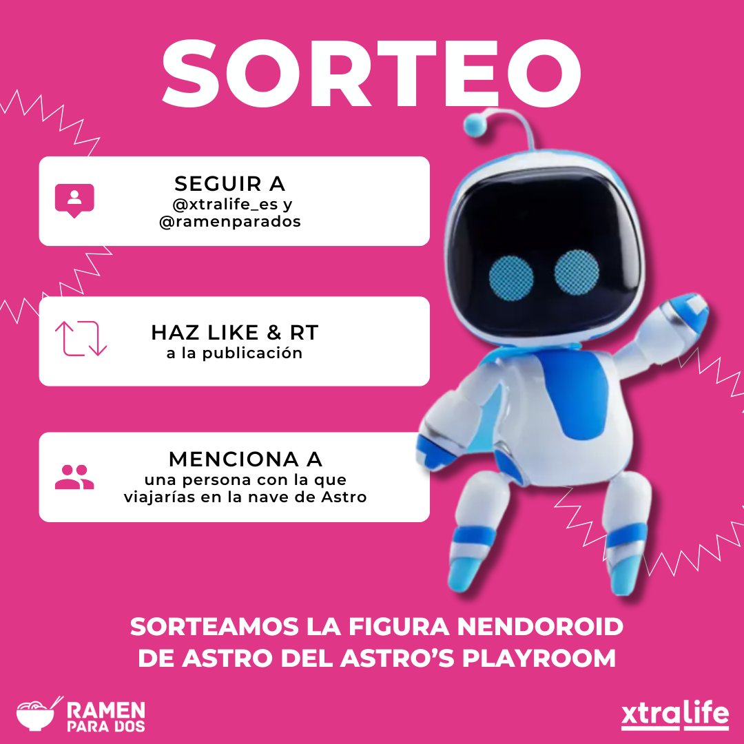🎁 Celebramos el premio a #AstroBot como JUEGO del AÑO con un #sorteo de la Nendoroid de Astro gracias a #xtralife

Participa: 
➡️ Sigue a <a href="/xtralife_es/">xtralife</a> y <a href="/RamenParaDos/">Ramen Para Dos</a>   
❤️🔄 Like y RT de este tuit
💬 Comenta etiquetando a un amigo
🇪🇸 Solo España
📆 Hasta 22/12/24 23:59h