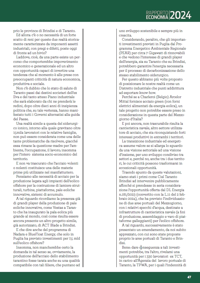 CislTaBr's tweet photo. #TarantoBrindisi #RapportoEconomia #dicembre2024 @gianfr_solazzo La transizione industriale ed energetica assume valore se si allarga lo sguardo ad una visione d’insieme per uno sviluppo condiviso tra settori e tra i due territori @CislNazionale @CislPuglia #LoJonio #LAdriatico https://t.co/kHWJjQdEpb