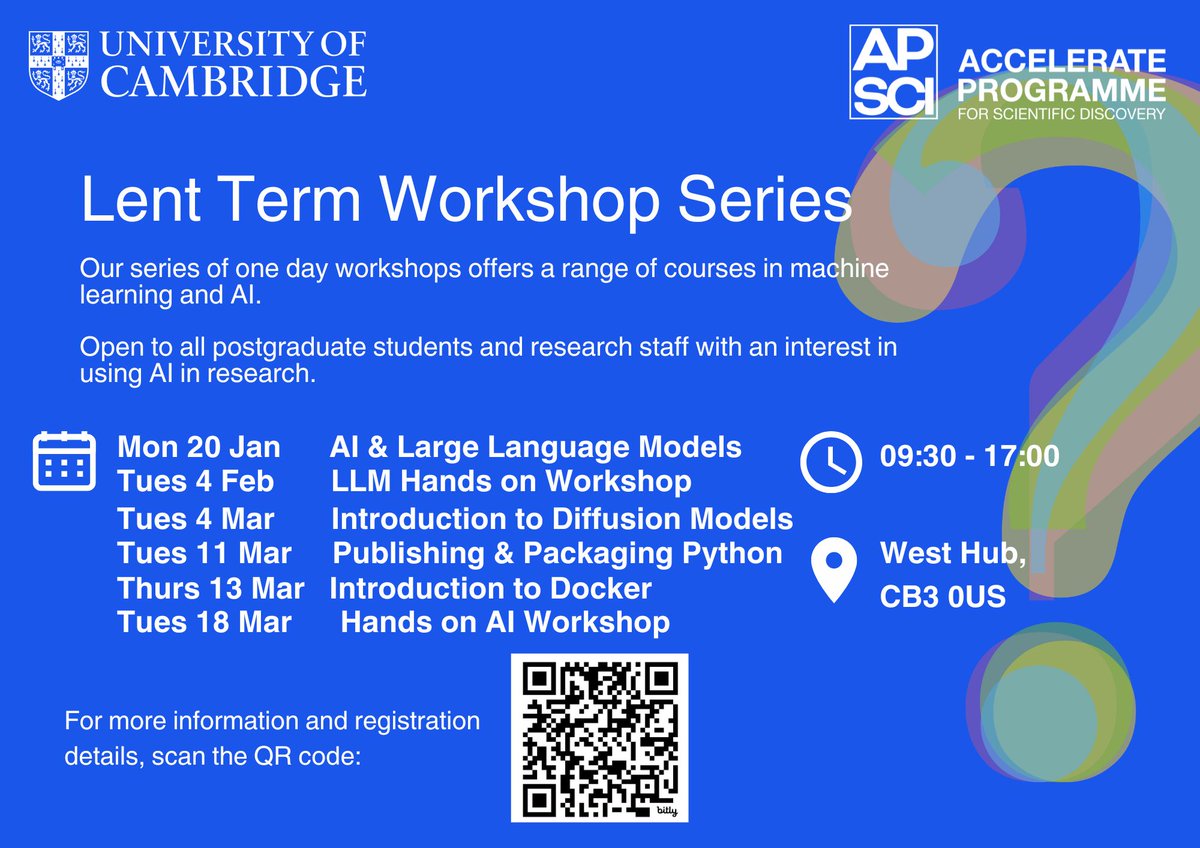 Accelerate_Science (@acceleratesci) on Twitter photo We are pleased to announce that booking is now open for our training courses next term!
Courses are open to all PhD students and staff <a href="/Cambridge_Uni/">Cambridge University</a>, sign up now to develop your AI skills and apply them in your research.
Find out more and book: science.ai.cam.ac.uk/events We are pleased to announce that booking is now open for our training courses next term!
Courses are open to all PhD students and staff <a href="/Cambridge_Uni/">Cambridge University</a>, sign up now to develop your AI skills and apply them in your research.
Find out more and book: science.ai.cam.ac.uk/events